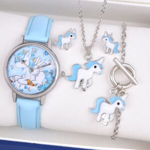 1pc Cartoon Unicorn Pattern Round Pointer Quartz Watch & 4pcs Jewelry Set