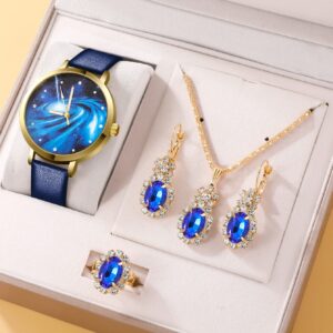 1pc Round Pointer Quartz Watch & 4pcs Jewelry Set